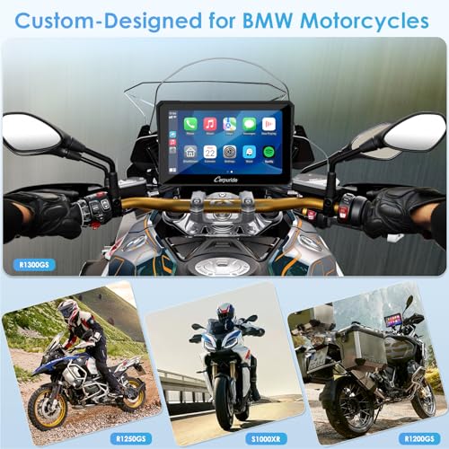 Pantalla Carpuride W702B Pro montada en el manillar de varias motocicletas BMW como R1300GS, R1250GS y S1000XR