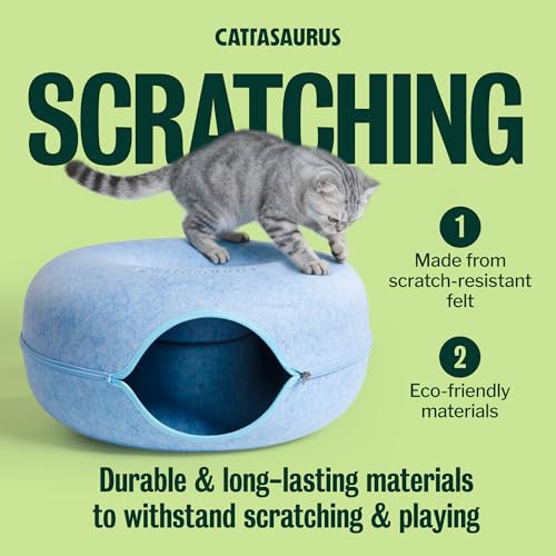 Image of Cattasaurus Peekaboo Cat Cave Donut for Multiple & Large Cats up to 30-45 lbs, 3-in-1 Self Warming Cat Bed, Tunnel & Scratcher for Indoor Cats, Washable & Detachable Small Dog Bed (Blue, Large)
