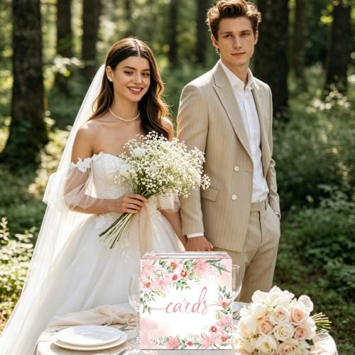 Image of Watercolor Pink Floral Card Box Wedding Card Box Holder Gift Cards Receiving Box for Party Graduation Bridal or Baby Showers, Raffle Ticket Box Money Box for Birthday Party Retirements Anniversaries