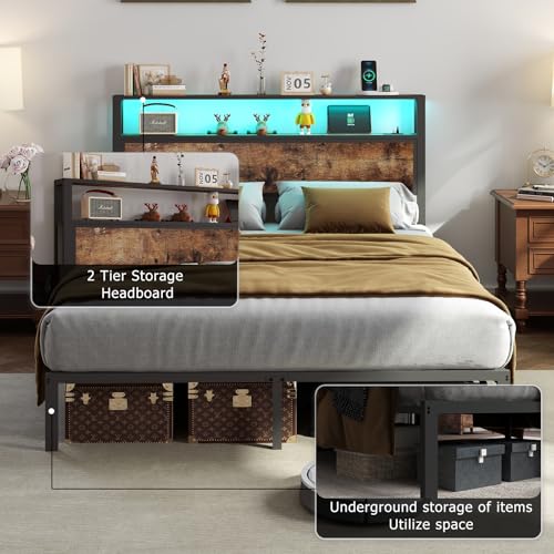 Image of Full Size Bed Frame with Headboard, Metal Platform Bed Frame with LED Lights & Charging Station, Under Bed Storage, Solid and Stable, No Box Spring Needed, Noise Free, Easy Assembly, Vintage Brown