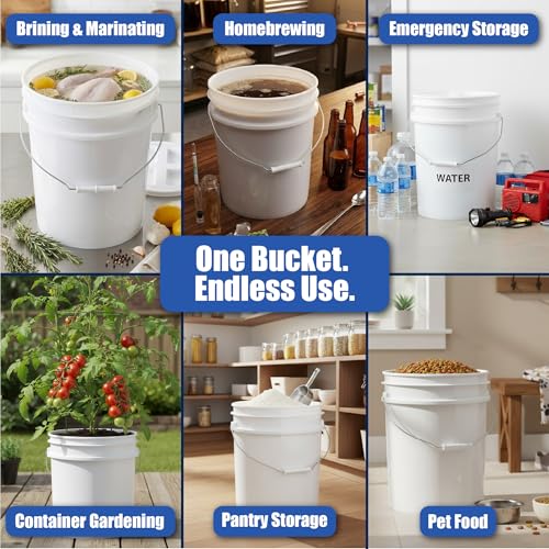 Image of ePackageSupply 5 Gallon Bucket - Food Grade w /Lid BPA-Free, 3 Pack - White | Airtight Gasketed Tear Strip Lid, Heavy-Duty 90 Mil HDPE Plastic Pail, Bulk Storage, Food Safe Durable Container, Made in USA