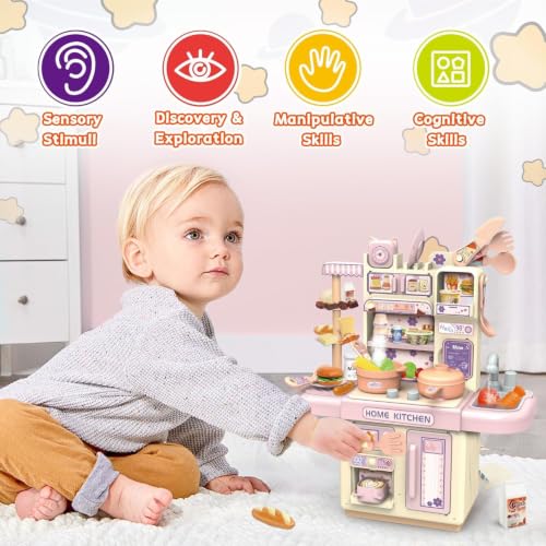 Image of Kids Kitchen Set with Pretend Play Accessories, Water Spray Cooking Effect, Toy Oven, Sink, Storage Shelves & Kitchen Utensils, Role Play Cooking Toy for Boys & Girls (Small Kitchen Set)