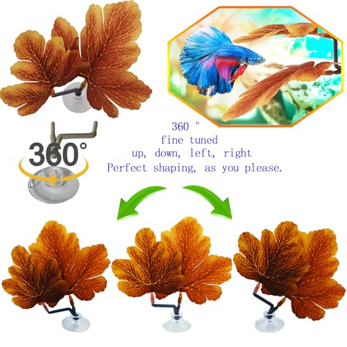 Fish Leaf Pad Betta Leaf Hammocks Fish Tank Accessories Aquarium Decor Plastic Silk Plants Natural Habitat Spawning Breeding Resting Bed with Suction Cup Multi Leaf Design (YELLOW) - Image 2