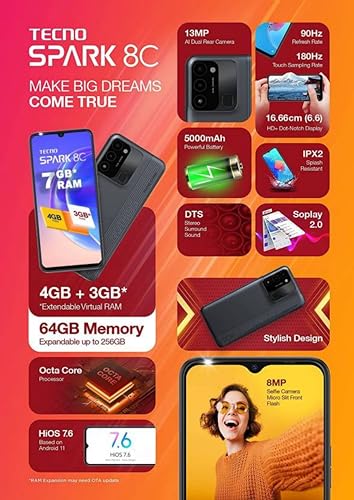 Image of Tecno Spark 8C (Magnet Black, 4GB RAM, 64GB Storage) | 13MP AI-Enhanced Dual Camera | HD+ 6.6 inch Dot Notch Screen | Upto 7GB Memory fusion | 5000mAh Long-lasting Battery | 8MP Portrait Camera Beauty 3.0