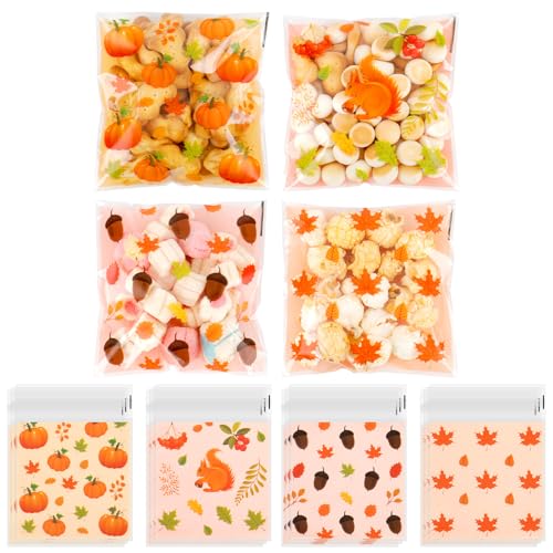 100 PCS Fall Cellophane Treat Bags(4x4 Inch) Small Thanksgiving Ziplock Bags for Candy Snack Goodie Cookie Gifts Wrap Autumn Self Sealing Pouch Baggies Friendgiving Party Favors Supplies Decorations