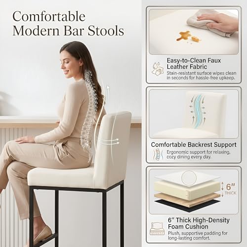 Image of HNY Modern Counter Height Bar Stools Set of 4, Leather Upholstered Barstools with Back, 27 Inch Tall Bar Chair with Armless for Kitchen Island, with Black Metal Frame, White