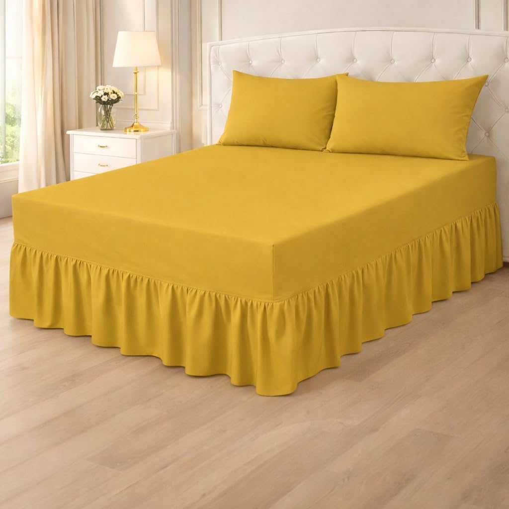 Plain Poly cotton Extra Deep Frilled Valance Fitted Sheets, Easy Case Fitted Valance Sheets in 14 Attractive Colors, Percale Quality Fitted Valance Sheet (Mustard, King)