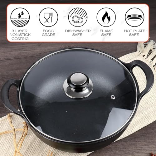Image of HomeEssentials Cast Iron Kadai with Lid /Pre Seasoned Iron Kadai with 2 Handles and Flat Base /Iron Kadhai for Cooking /Uncoated Wok for Electric Induction (with Glass Lid 27cm), Black