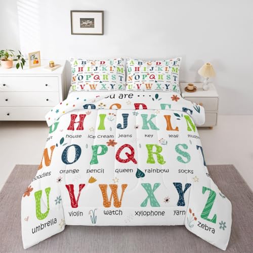 Image of Feelyou ABC Alphabet Bedding Set Queen Size, Learning Educational Comforter Cute Cartoon Funny Positive Words Comforter Set for Kids Toddler Educational Duvet Set Durable Bed Set 3Pcs
