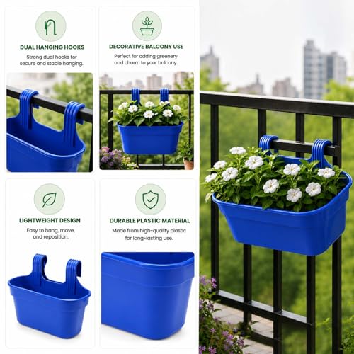 Image of Go Hooked 12 Inch Plastic Railing Hanging Planter Pot Set of 7 | Rectangular Flower Pots with Double Hook for Garden Fence Balcony Indoor Outdoor Home Decor | Durable Plant Container (Multicolor)