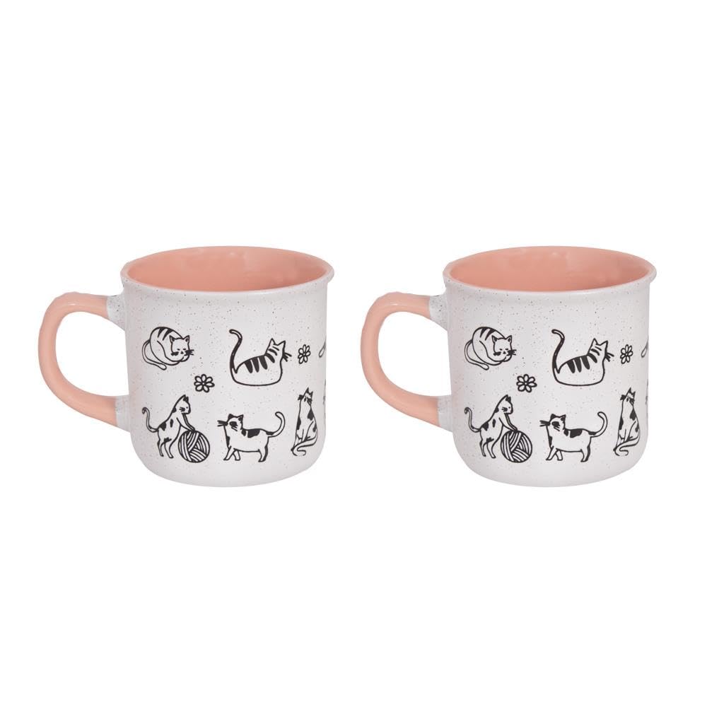 Set of 2 Cat Themed Mugs Pink Interior - 11 Ounce 310ml Modern Contemporary - Tea Coffee Cups Latte Cappuccino Hot Chocolate Drinks - Home Kitchen Work Office Mug Set Cat Lover Gift