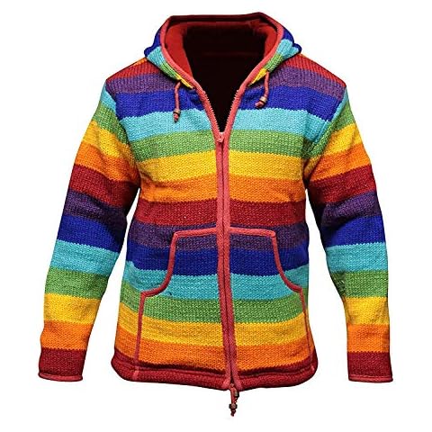 SHOPOHOLIC FASHION Rainbow Stripe Hooded Woolen Jacket Fleece Lined Super Warm Hand Knitted Cool, M Cover