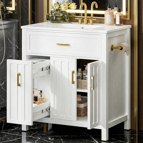 IRONCK 30' Bathroom Vanity with Ceramic Sink, Modern Freestanding Bathroom Cabinet with 2 Drawers, Towel bar and Adjustable Shelf, White