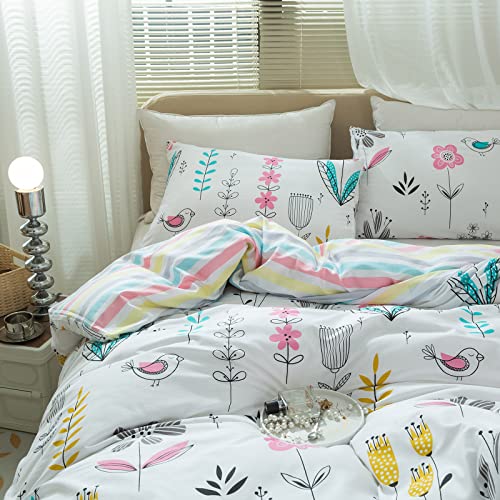 Amwan Floral Printed Bedding Sets Queen Floral Duvet Cover Girls Cotton Comforter Cover Full Size Garden Aesthetic Bedding Sets Reversible Striped Duvet Cover 3 Piece Full Bed Boho Comforter Cover #TOP7