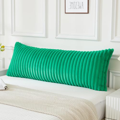 JAUXIO Faux Fur Fluffy Body Pillow Cover Luxury Textured Vertical Stripe Plush Decorative Body Pillowcase, Ultra Soft and Cozy Zipper Closure 21 x 54 Inches, Emerald Green