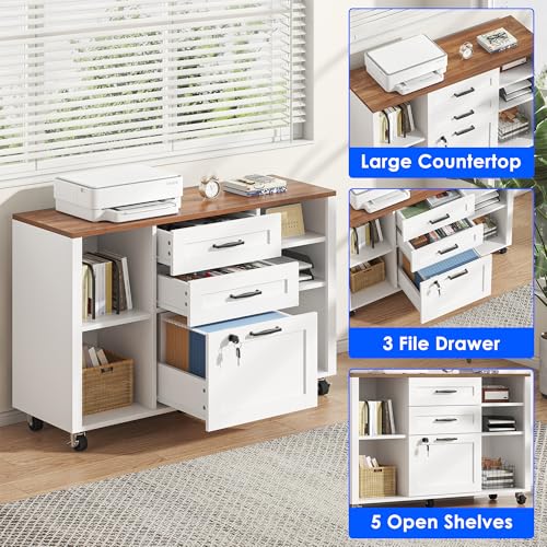 kepptory 3 Drawer Wood Mobile Large lateral File Cabinet with Lock, Lockable Rolling Filing Cabinet with Open Storage Shelves, Printer Stand Office Storage for Home Office Fits Files Legal/A4, White by kepptory - Image 7
