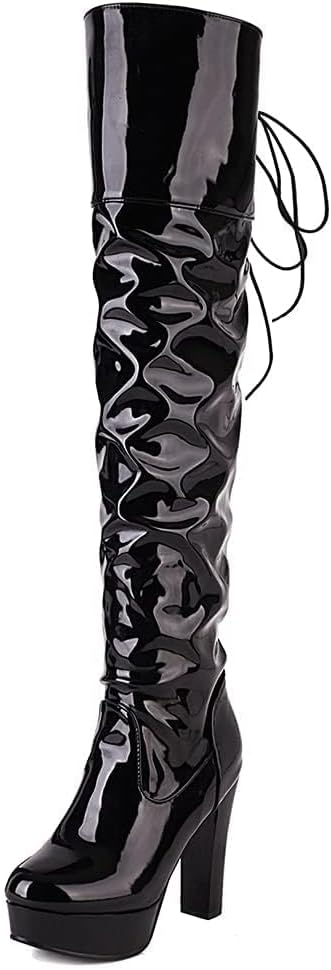 SACFOF Women's Over The Knee Boots Leather PU Chunky Block Heel Sexy Fashion Dress Wedding High Heels Thigh High Boots Long Boot