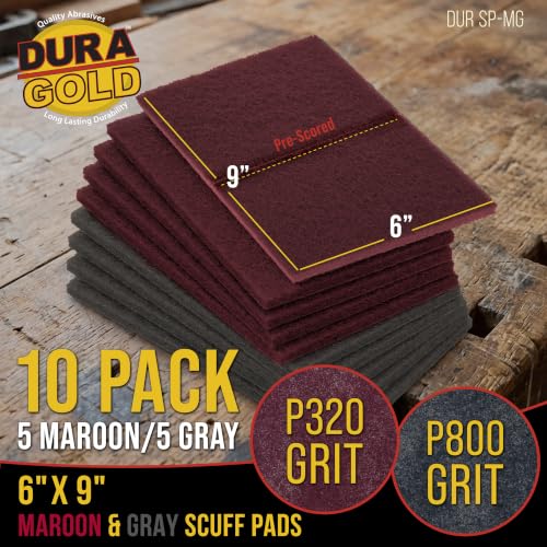 Image of Dura-Gold Premium 6 inch x 9 inch Scuff Pads, 5 Each Maroon General Purpose & 5 Each Gray Ultra Fine - Scuffing, Scouring, Sanding, Paint Primer Prep Adhesion Scratch - Surface Preparation Automotive Autobody