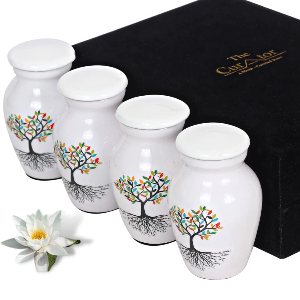 Small Urn for Human Ashes Keepsake - Set of 4 Cremation Urns for Ashes - Mini Decorative Urns with Case & Velvet Bag - Burial Urns for Ashes Adult Male Female - Memorial Urn Small, Tree of Life