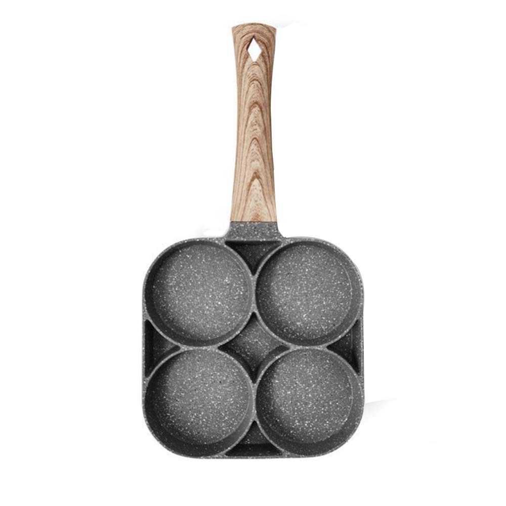 4-Cup Egg Frying Pan,Non Stick Aluminium Alloy Egg Pan,Wooden Handle 4 Hole Breakfast Cooking for Home Kitchen Cooking Tool