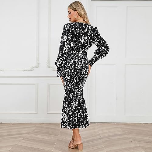 Robe longue col en V impression tendance mode avec ceinture M