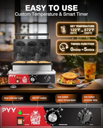 Image of PYY Commercial Waffle Maker - 6pcs Strange Shape Abalone Waffle Iron Machine, Non-stick Coating, Electric Stainless Steel Double Sided Removable Plates, 1600W, 122-572℉ Temp Control
