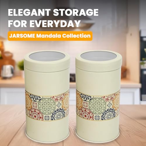 Image of Mandala Collection Airtight Kitchen Container Set| 850ML- Set of 2| Food Grade Metal Jars for Cereals, Cookies, Dal & Dry Food Storage| Vacuum Lid, Rust Resistant| Beige Rangoli Canisters