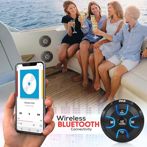 Image of Pyle 6.5'' Dual Marine Speakers Kit - Waterproof-Rated w /Amplified Bluetooth Remote Control Receiver for Powersport Vehicles, IP65 Marine Grade Rating, 600 Watt Max Power PLMRKT8 (Pack of 4)