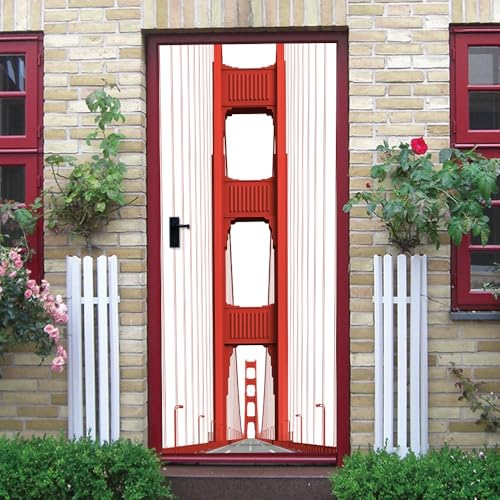 Puerta Pegatina Autoadhesiva Puente Golden Gate Rojo Impermeable Papel Pintado Puerta Mural 77x200 cm Blanco Extraíble para Baño Sala de Estar Cocina y Dormitorio Pegatinas decorativas