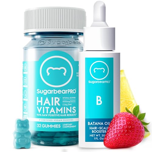SugarbearPRO Batana Hair Oil & Glass-Dropper Applicator 1oz + Vegan Hair Vitamin Gummies 1 Month Supply Extra Strength Biotin 6000mcg