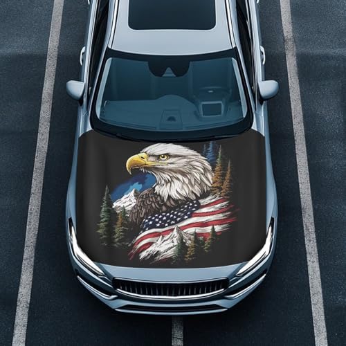 Image of Car Hood Cover Protector American Flag Eagle Design Waterproof Car Hood Wrap Blanket Auto Flag Automotive Exterior Accessories for Sedans SUVs Pickups Trucks Jeeps