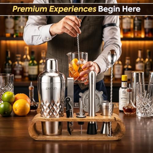 Image of O' Holic by Perch 10-Piece Bartender Kit with Mango Wooden Stand|Cocktail Shaker Gift Set with Jigger, Strainer,Spoon, Muddler, Pourers, Corkscrew & Tongs|Home Bar Accessories for Mixing Drinks|Silver