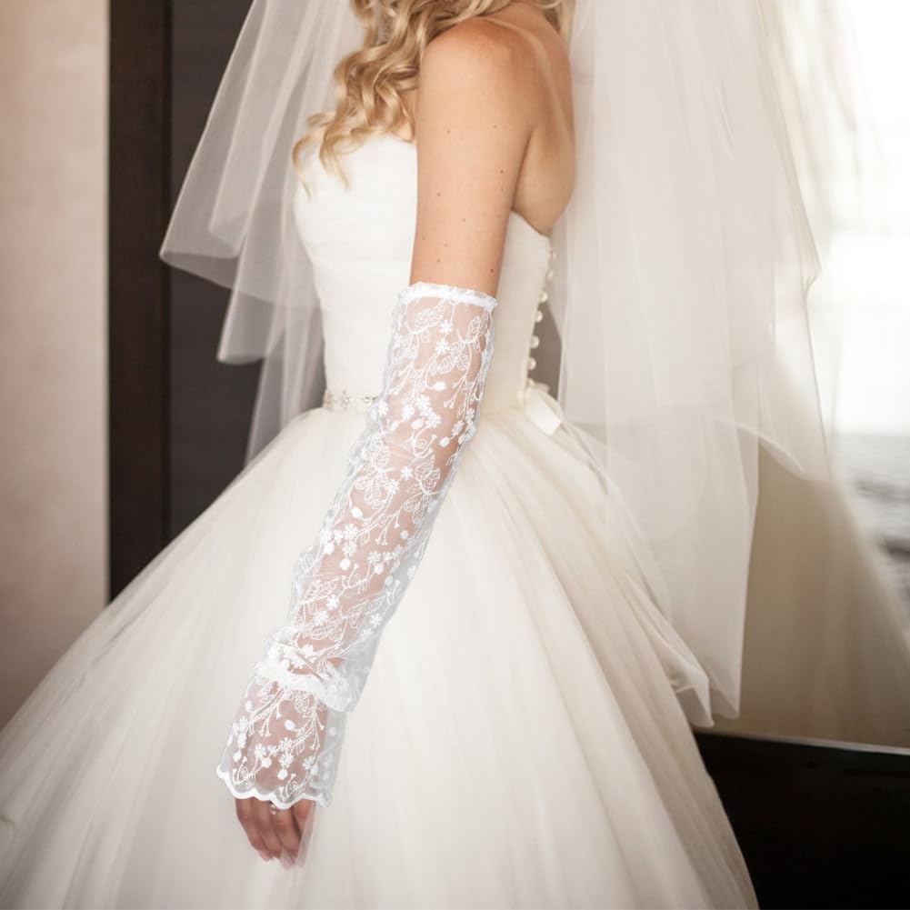 GORGECRAFT 2Pcs White Lace Arm Sleeves Polyester Mesh Ruched Ruffle Floral Flower Pattern Fingerless Detachable Tulle Bridal Long Arms Cover Sleeve for Wedding Event Dress Costumes Tea Party Women