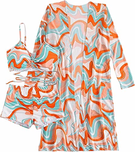 3 Piece Women's Swimsuit, Sexy Floral Printed Push Up Bikini Set with Kimono Cover Ups, High Waist Beach Wear (as1, Alpha, x_l, Regular, Regular, Orange)