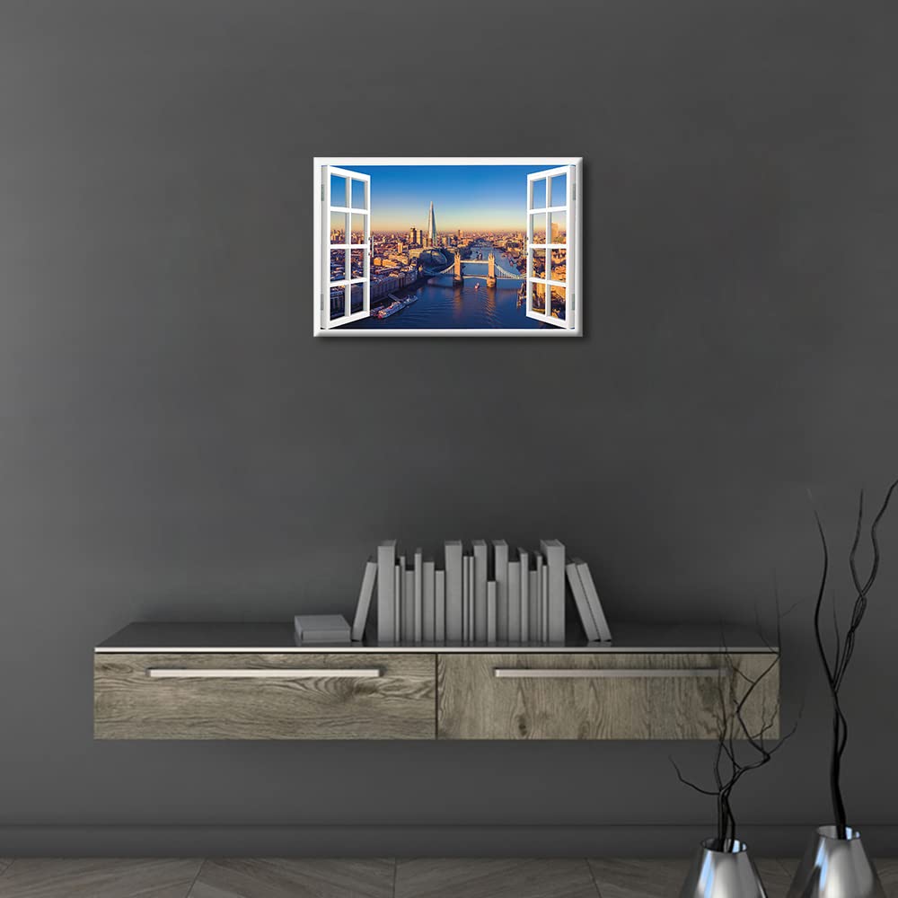 TISHIRON 3D Window Effect London Canvas Art Wall Framed Capital of England Cityscape Home Decor Natural View Pictures for Home Living Room Wall Decor Posters Prints Ready to Hang - Image 3