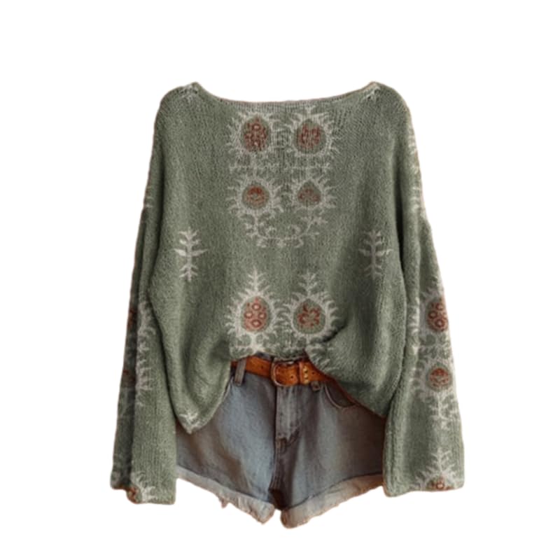 Womens Oversized Bohemian Sweater Colorful Vintage Floral Geometric Print Long Sleeve Loose Knit Casual Crewneck Top