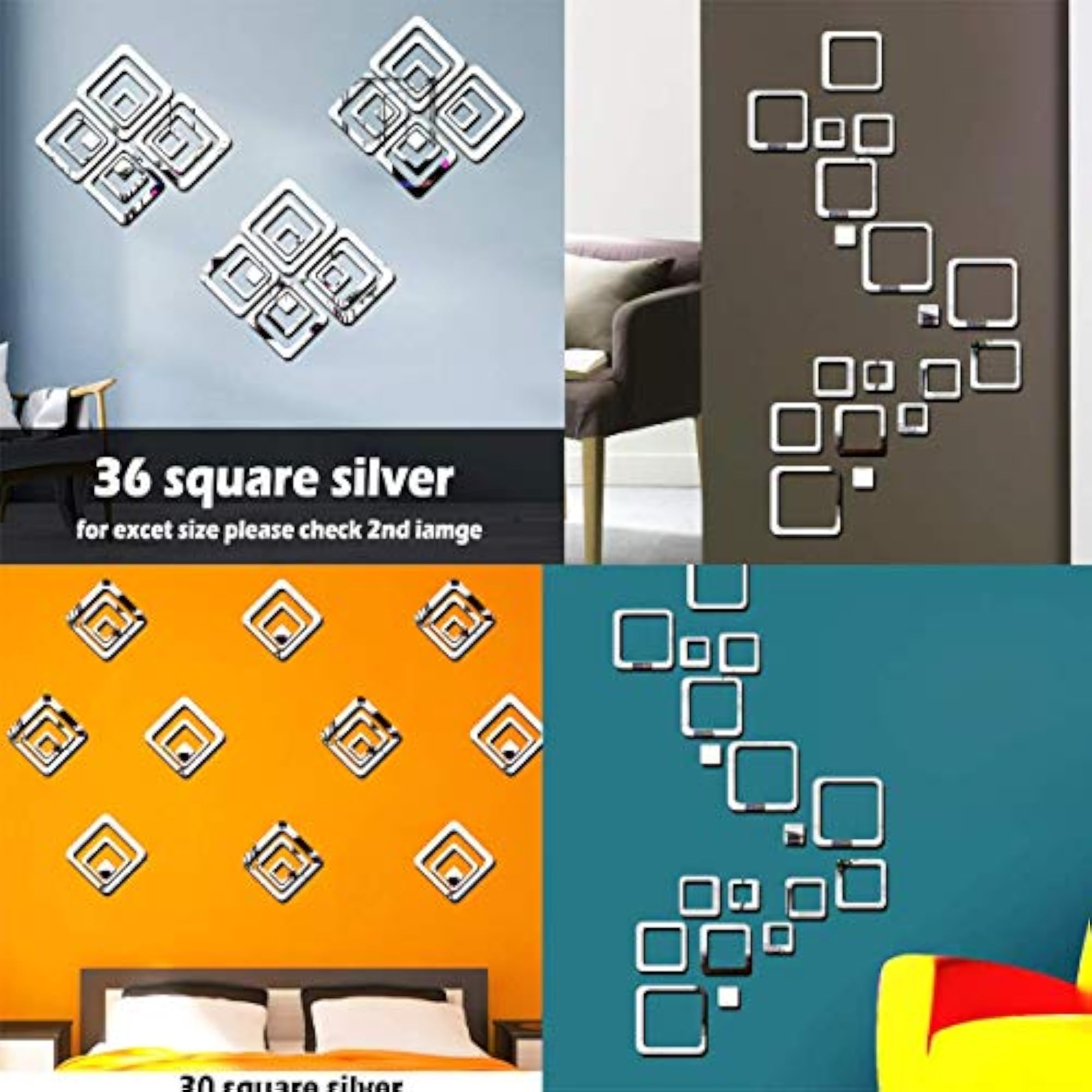 Square Silver 3 Set Decorative Mirror Stickers for Wall