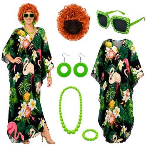 Yanbuny 6 Pcs Womens Landlady Costume Curly Wig Caftan Dress Bead Jewelry and Glasses for Halloween Luau Cruise Party (Green)