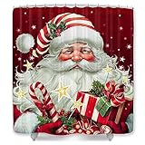 JAWO Christmas Shower Curtains for Bathroom, Merry Christmas Modern Holiday Red Fabric Shower Curtain Gift Cute Santa Claus Bathroom Curtains Pine Ribbon Waterproof Decor with Hooks