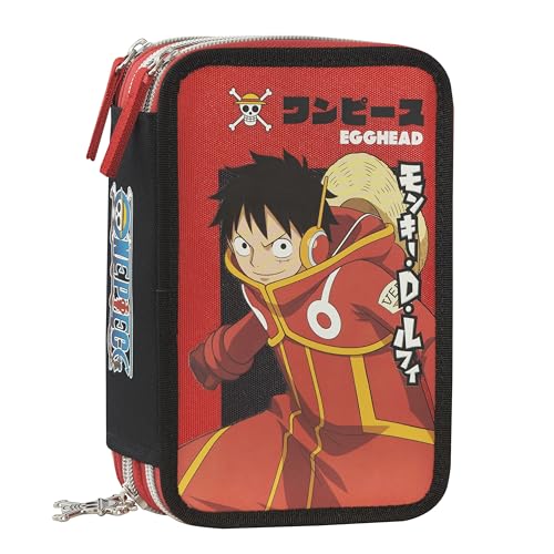ONE PIECE - Astuccio Scuola Ufficiale One Piece, Astuccio 3 Scomparti Bambino e Bambina con Set Cancelleria, Penna Cancellabile Blu e Pratica Chiusura a Zip, 20x13Hx7 cm