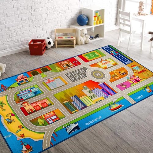 Booooom Jackson Alfombras Infantiles Carretera de Coche 100 x 200 cm,Alfombras de Área Antideslizante Lavables,Ciudad Playa Alfombra de Juegos para Bebes Niños,Alfombras Infantiles para Jugar