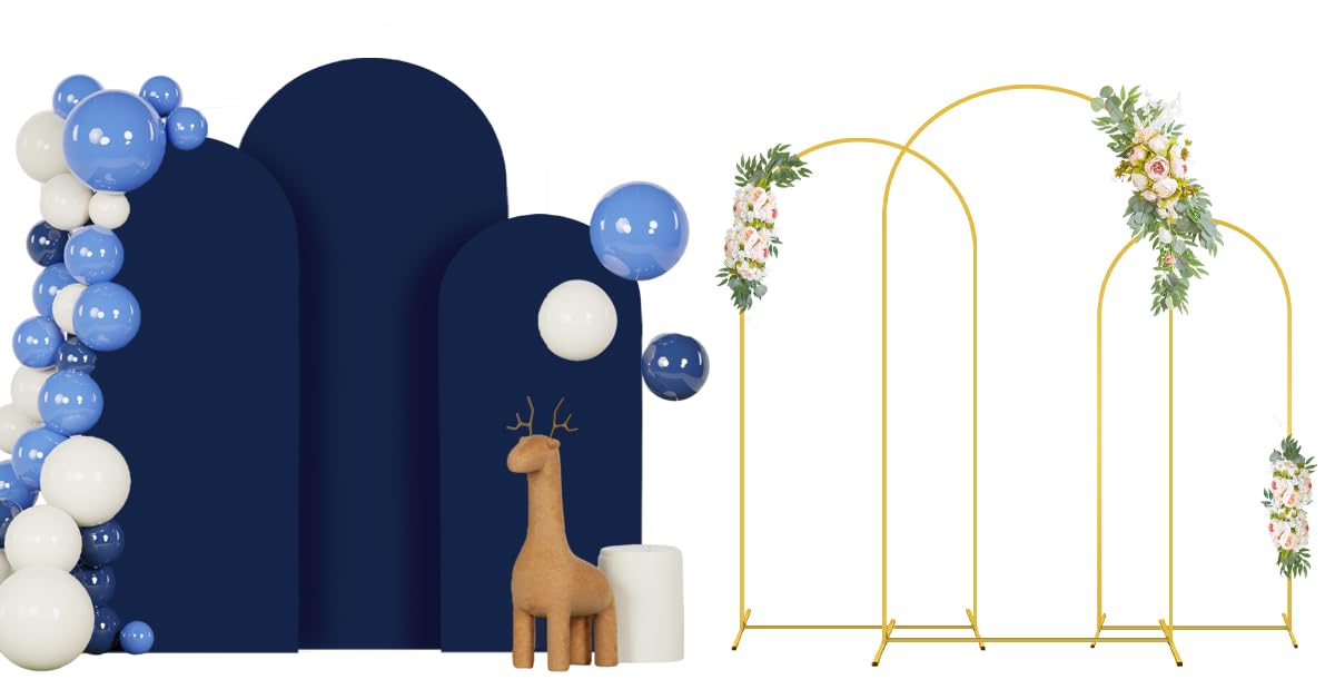 FANPROMS Arch Stand with Cover 6FT 6.6FT 7.2FT Navy Blue Spandex Arch Covers Metal Arch Stands with Arched Backdrop Cover Set of 3 Arched Stand Covers