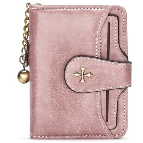 KUNWFNIX Wallet Women Small Leather Slim Wallet Bifold Womens Card Wallet with Zipper Coin Pocket ID Windows (Pink 933)