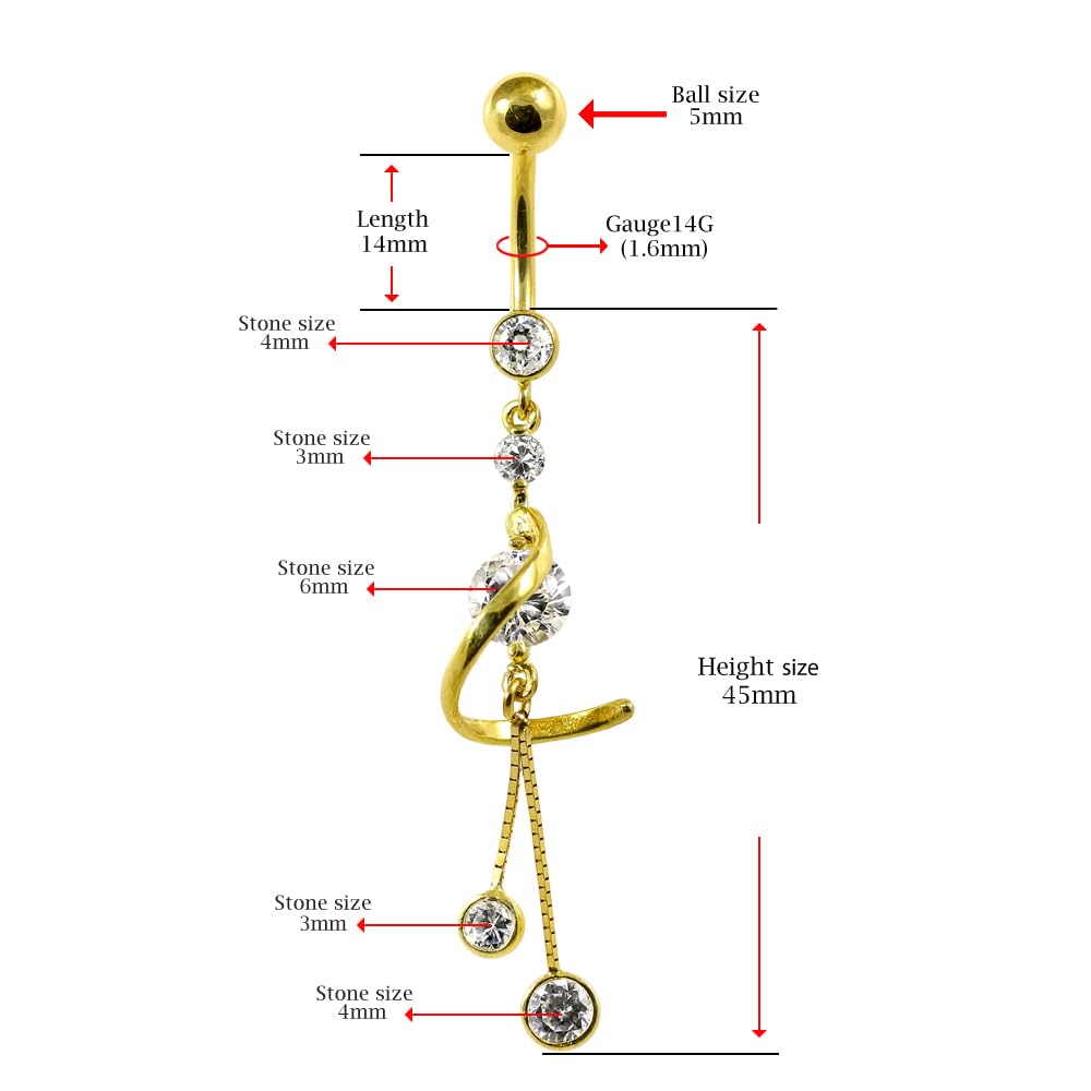 Piercing para el ombligo de oro amarillo macizo de 14 quilates con circonita cúbica y cadena italiana, joyería para ombligo de 14 quilates, calibre 14, 14 Gauge - 14mm Length, Circonia