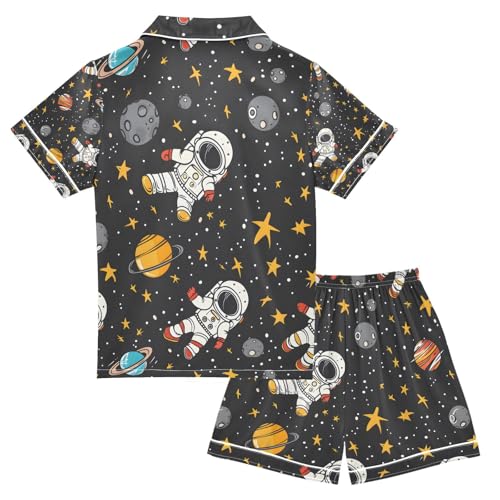 senya Cartoon Astronauts Satin Summer Pajama Sets Silk Short Sleeve Button Down Sleepwear2