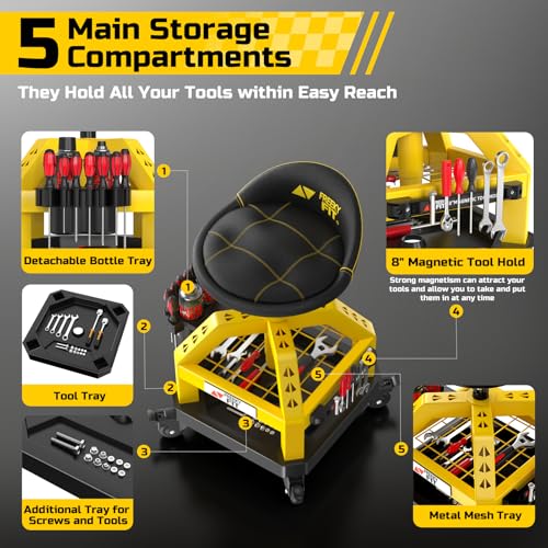 Image of Rolling Shop Stool for Garage with Casters, DO02-Adjustable Height 360 Swivel Shop Seat with Tool Tray Storage, 330 LBS Capacity Padded Mechanic Stool, Magnetic Tool Hold, Heavy Duty,Yellow