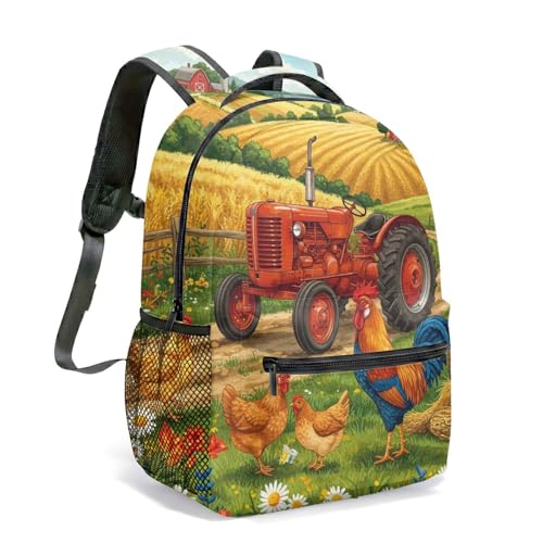 Mochila vermelha vibrante com estampa de animais de fazenda de 40,6 cm por toda a parte, 01, Large, Mochila Tbku