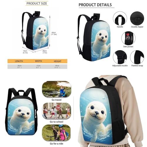 Showudesigns Harp Seal Bookbag with Lunch Box Backpack for School Girls Elementary School Bag Lunch Bag Kids Book Bag Lunchbox Pencil Case Blue Ocean Animal Water Bottle Holder Blue2