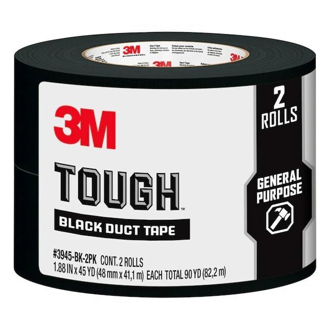Image of 3M Tough Multi-Use Rubberized Black Duct Tape, Strong Adhesive and Water-Resistant, Multi-Surface Duct Tape for Indoor and Outdoor Use 1.88-in x 45 Yards, 2 Pack (3945-BK-2PK)