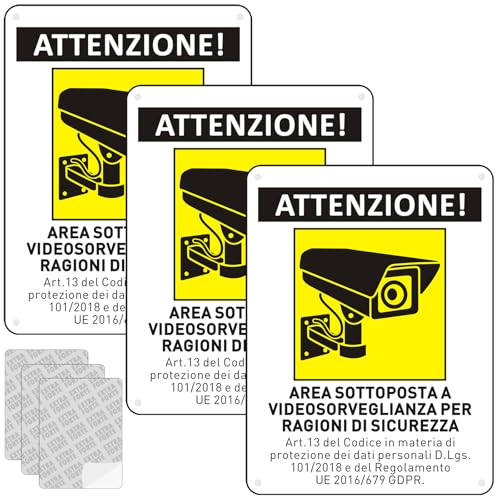 Cartello Area Videosorvegliata con Avviso GDPR, 3 Cartello Videosorveglianza, 20x15cm, Pvc Ultra Resistente, Fori Preforati, con Adesivo, Impermeabile, per Casa e Negozio, Interno ed Esterno